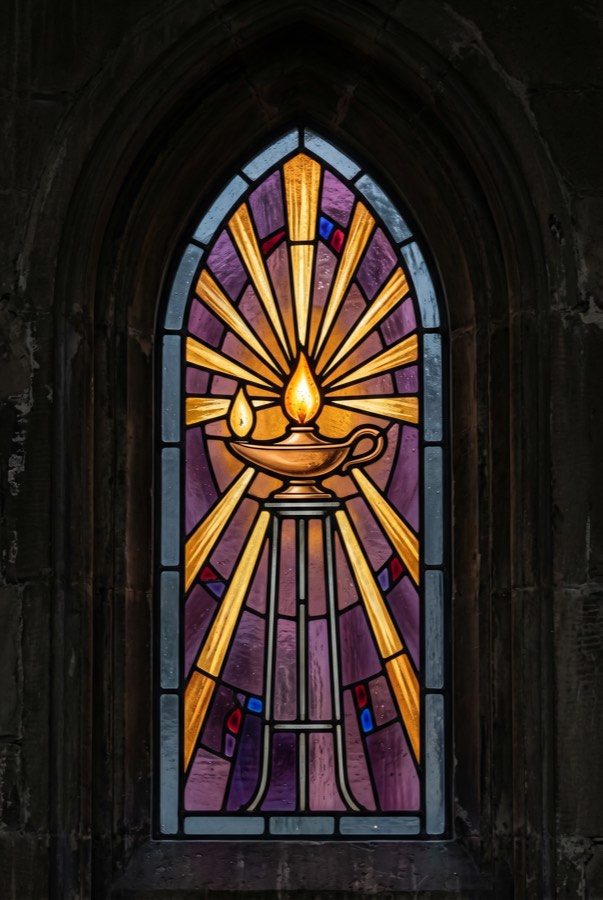 Stained glass: an oil lamp burning on a tall stand, rays of amber light reaching the window's edges.